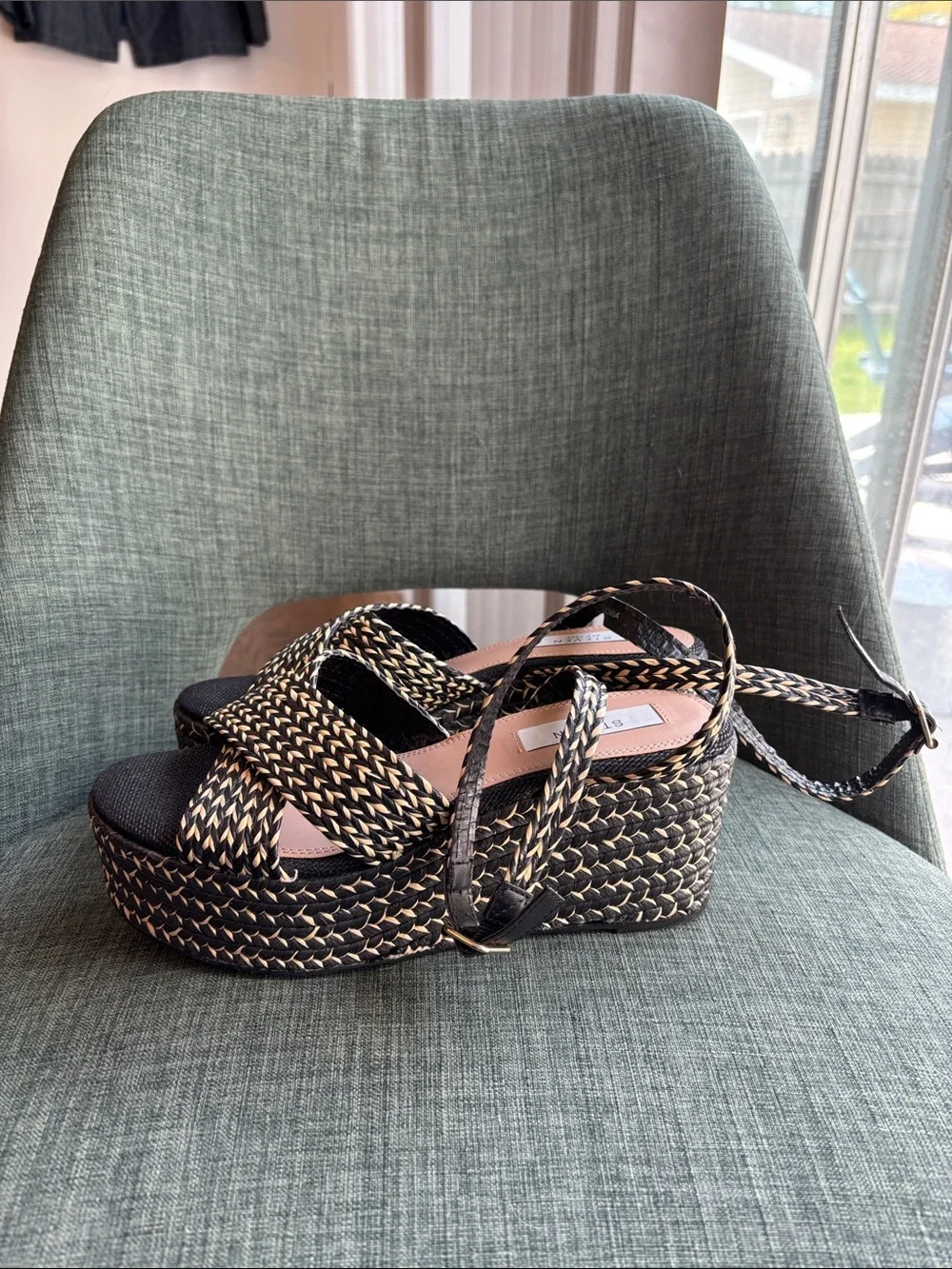 Steven women woven Black Natural tan Platform Sandals strappy resort 8.5 summer
